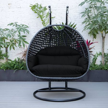 Leisuremod Mendoza Charcoal Wicker Hanging 2 person Egg Swing Chair with Black Cushions MSCCH-53BL